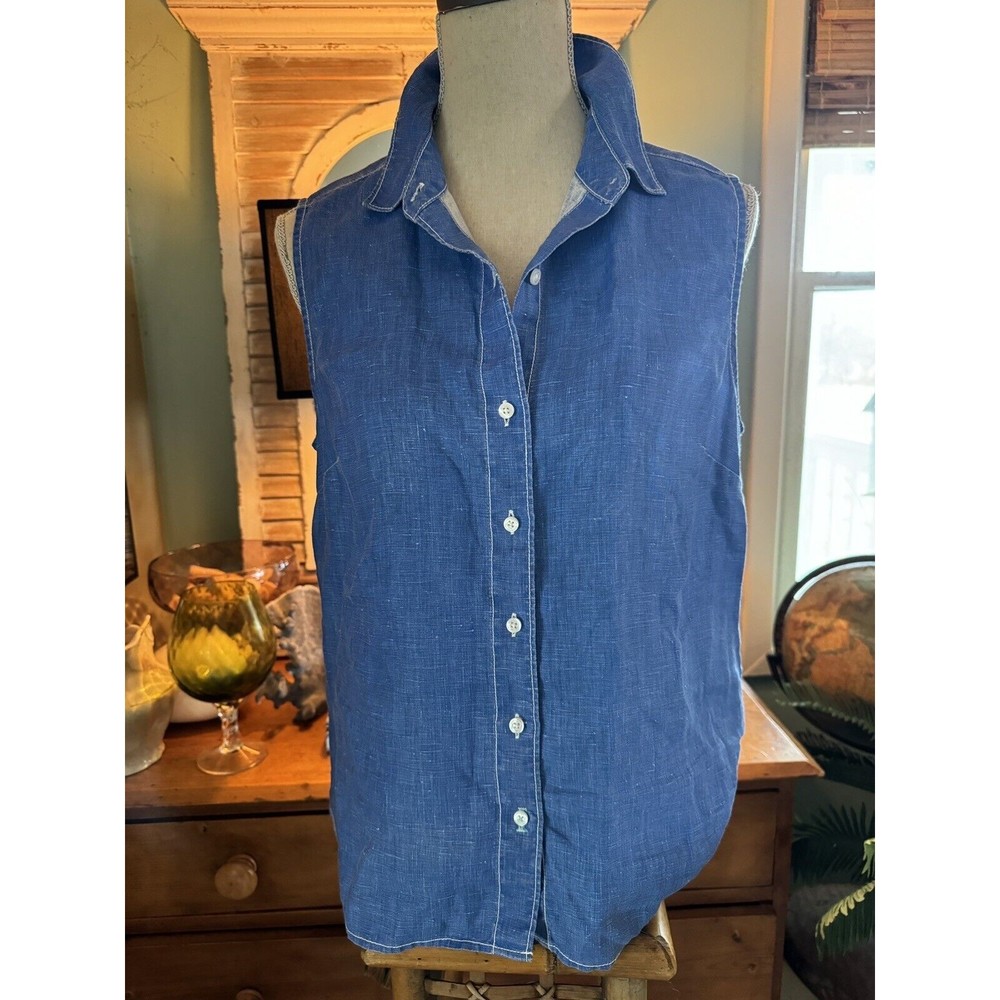 Tommy Bahama Women's Denim Blue Washed Linen Sleeveless Button Up  Blouse Medium
